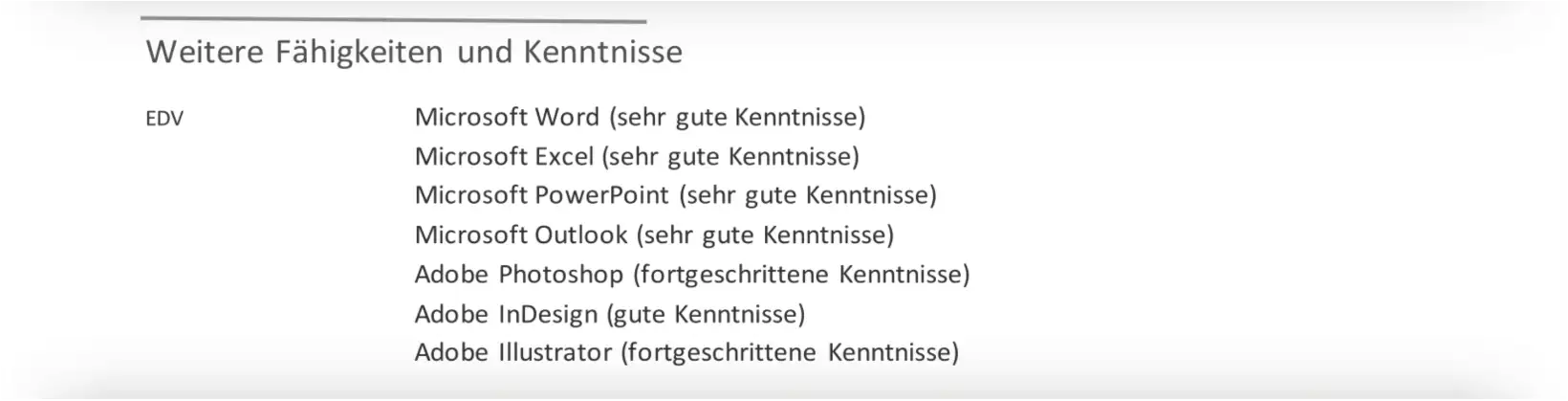 EDV-Kenntnisse in Kategorie im Lebenslauf EDV-Kenntnisse in Kategorie im Lebenslauf