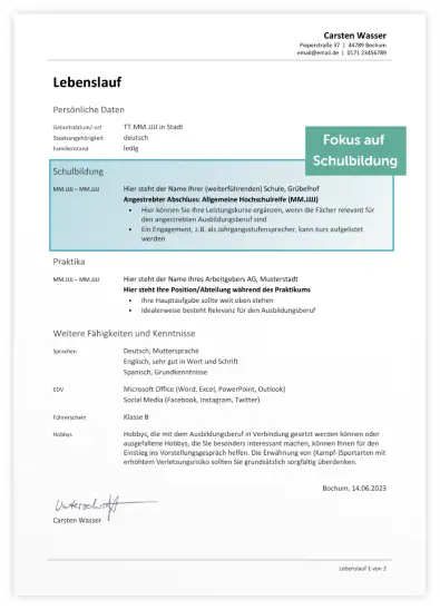 Lebenslaufvorlage Schüler*innen Lebenslaufvorlage Schüler*innen