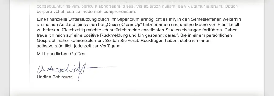 Motivationsschreiben Stipendium Schlusssatz