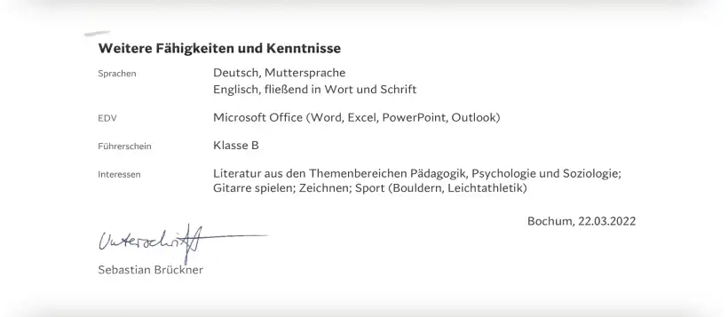 Bewerbung Erzieher*in - Lebenslauf - Weitere Fähigkeiten Bewerbung Erzieher*in - Lebenslauf - Weitere Fähigkeiten