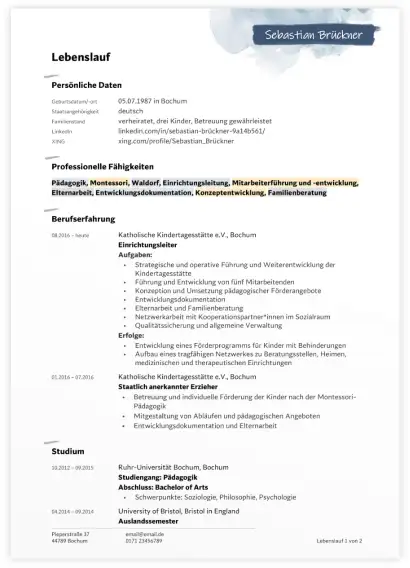 Bewerbung Erzieher*in - Lebenslauf Bewerbung Erzieher*in - Lebenslauf
