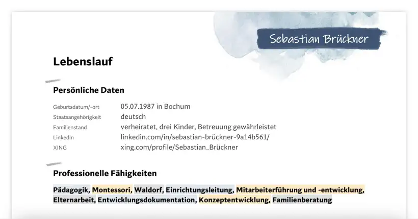 Bewerbung Erzieher*in - Lebenslauf - Persönliche Daten Bewerbung Erzieher*in - Lebenslauf - Persönliche Daten
