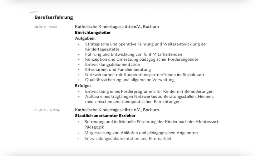 Bewerbung Erzieher*in - Lebenslauf - Berufserfahrung Bewerbung Erzieher*in - Lebenslauf - Berufserfahrung