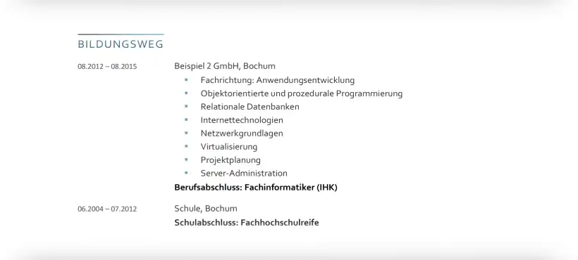 Bewerbung Fachinformatiker - Lebenslauf - Bildungsweg