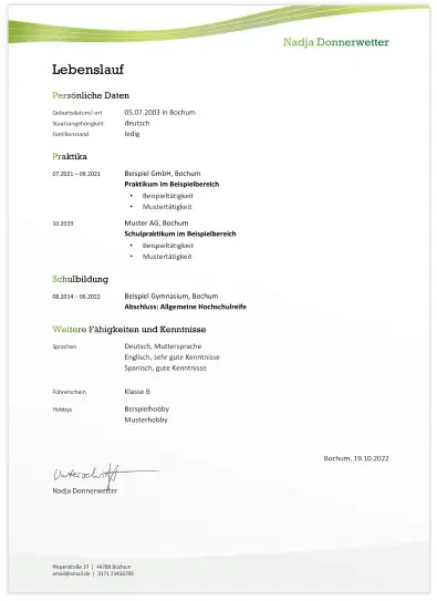 FÖJ Bewerbung - Lebenslauf