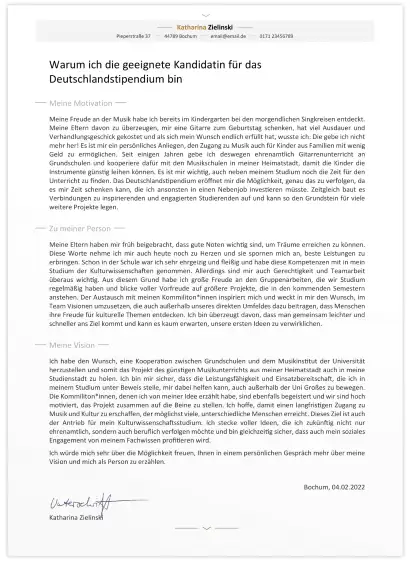 Deutschlandstipendium - Motivationsschreiben für die Bewerbung