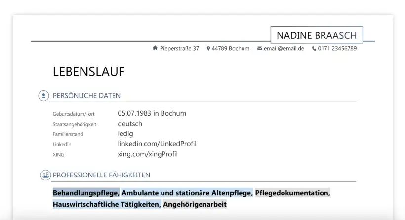 Bewerbung Altenpfleger*in - Lebenslauf - Persönliche Daten