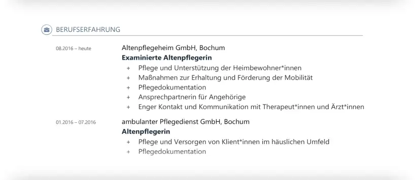 Bewerbung Altenpfleger*in - Lebenslauf - Berufserfahrung