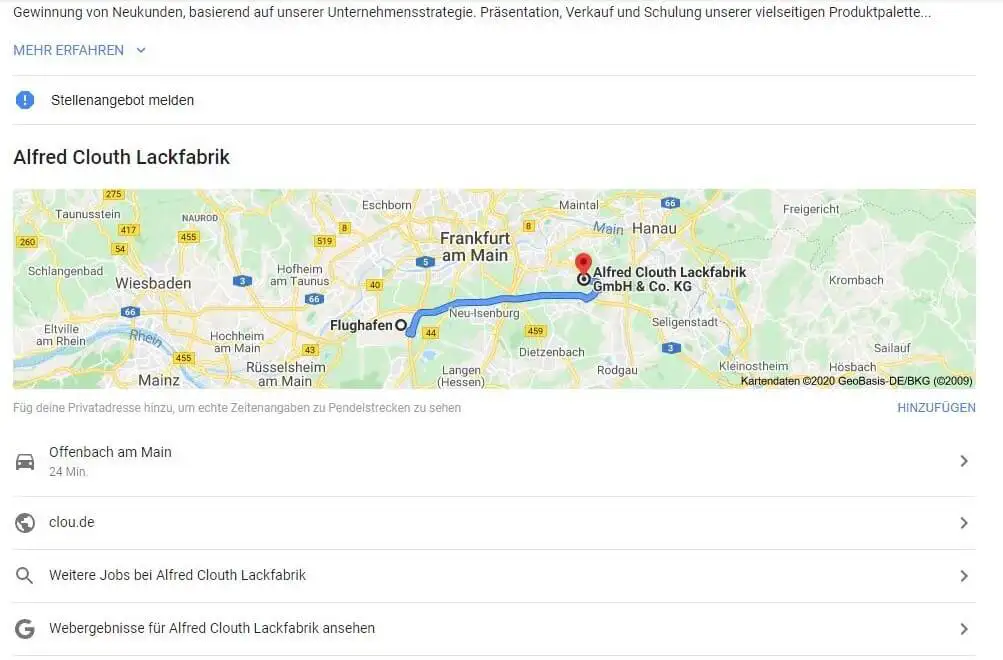 Google for Jobs - Anfahrtsweg via Google Maps